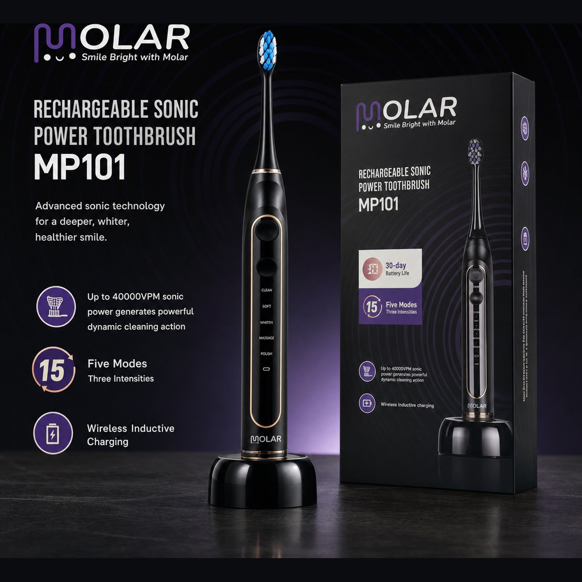 MOLAR MP101 Ultra Premium Electric Toothbrush with packaging box