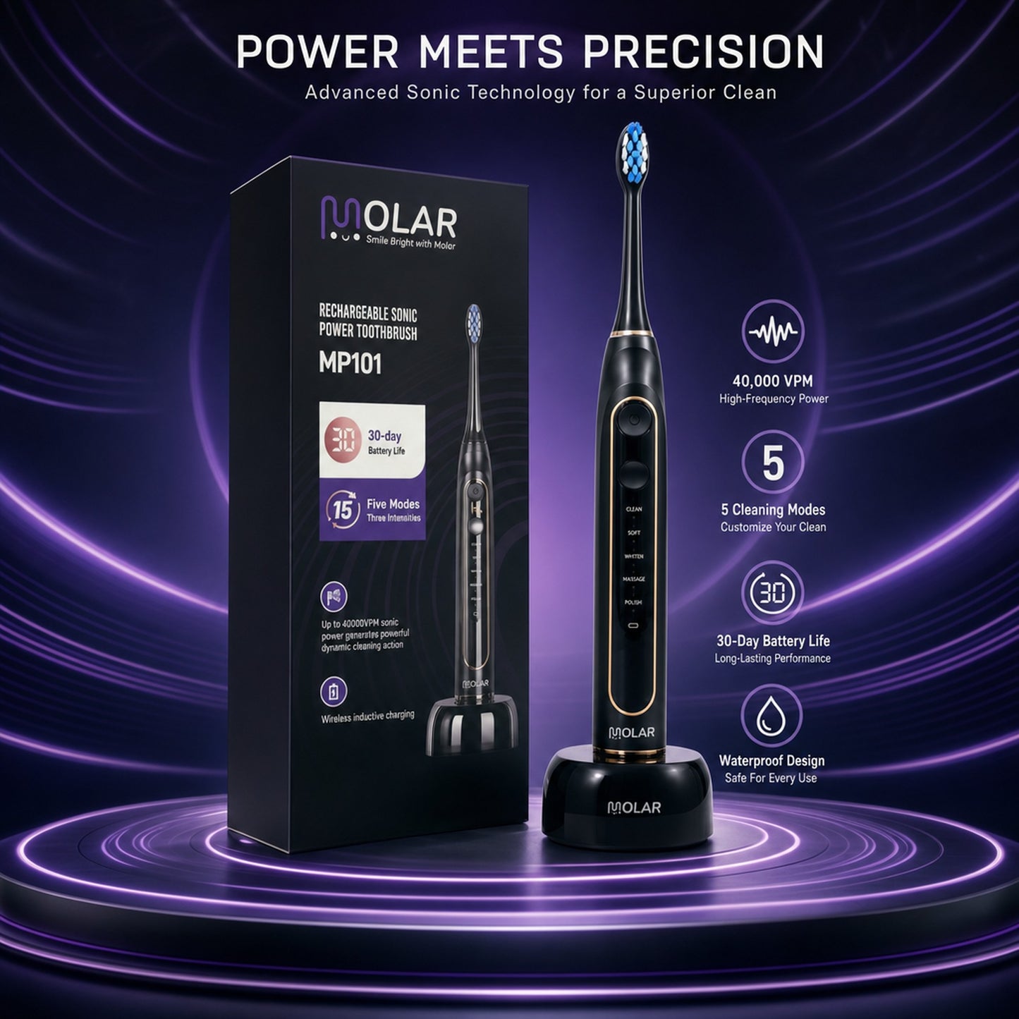 MOLAR MP101 specifications - 40,000 VPM, 5 modes, 30-day battery, waterproof