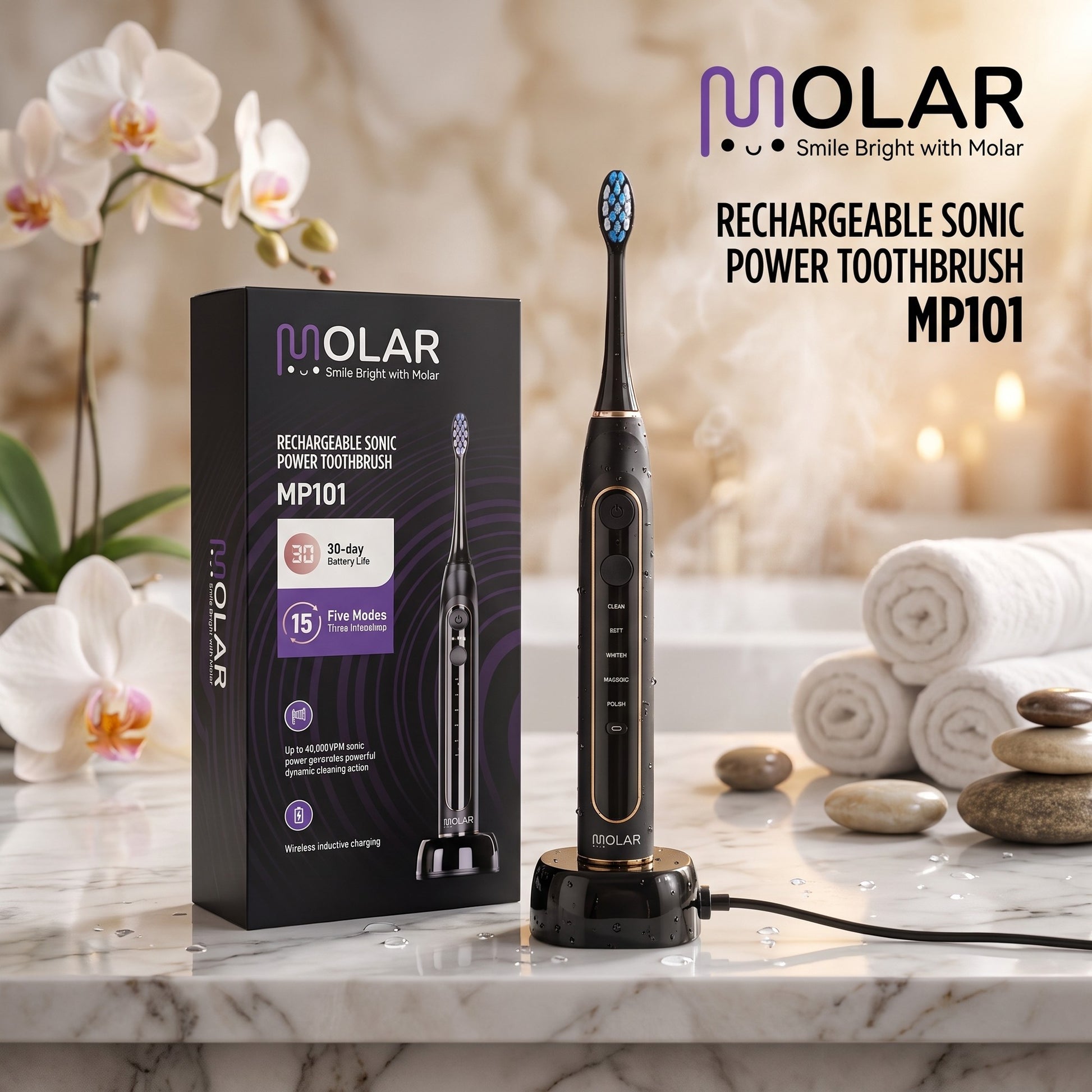 MOLAR MP101 rechargeable sonic toothbrush with box in a premium bathroom