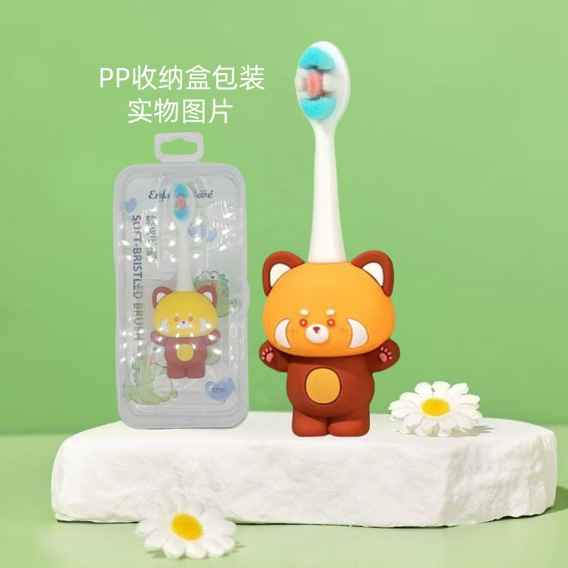 Panda - Cute 3D Cartoon Animal Toothbrush for Kids - Extra Soft Bristles - Gentle Oral Care for Toddlers Aged 1-7 - Brown Yellow image